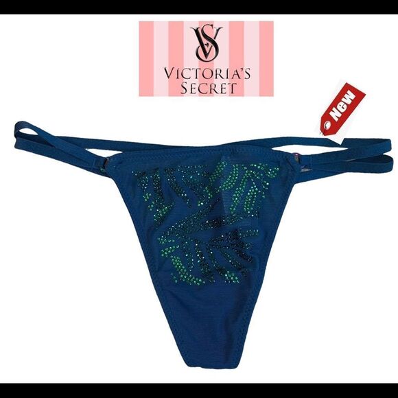 Victoria’s Secret teal blue green crystal rhinestone V-String pantie Sz XS NWT - Picture 1 of 6